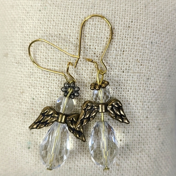 Christmas Angel Dangle Earrings Crystal Gold Tone Handmade Holiday Jewelry Gift - Picture 3 of 3